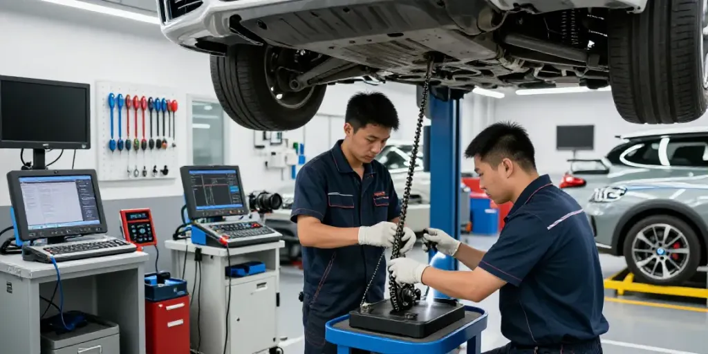Skilled technicians at a bmw werkstatt hannover specialized in timing chain replacement and DPF cleaning services.