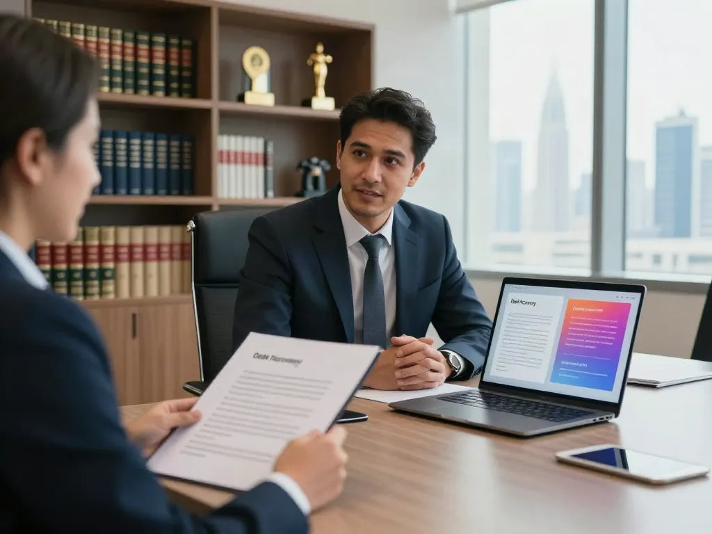 Debt Recovery Lawyer in Dubai consulting with a client in a modern law office.