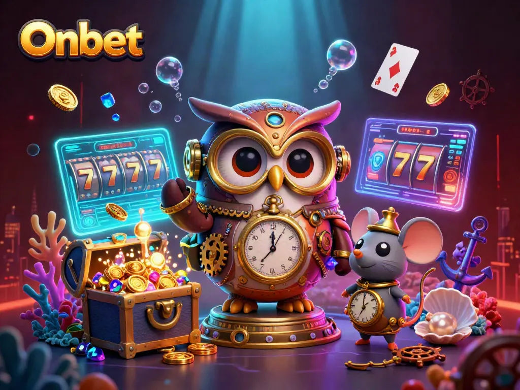 Engage with Onbet’s vibrant casino world featuring a steampunk owl and exciting game visuals.