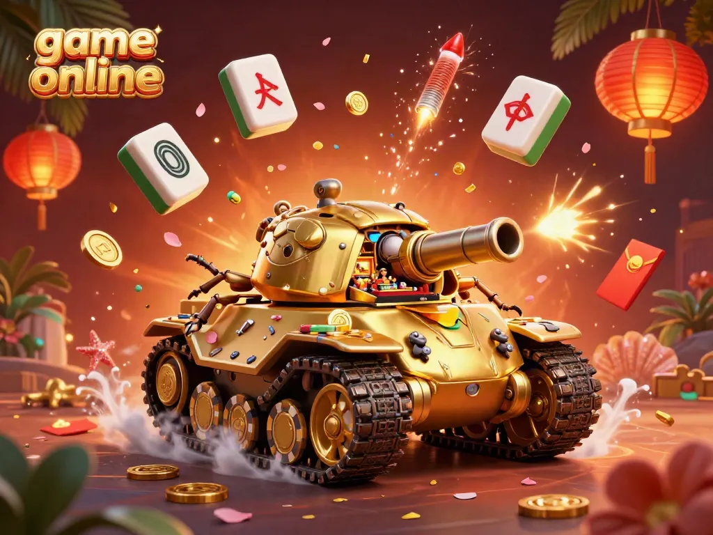 Engage in thrilling game online experiences with an imaginative 3D casino scene featuring a golden beetle tank and vibrant decorations.