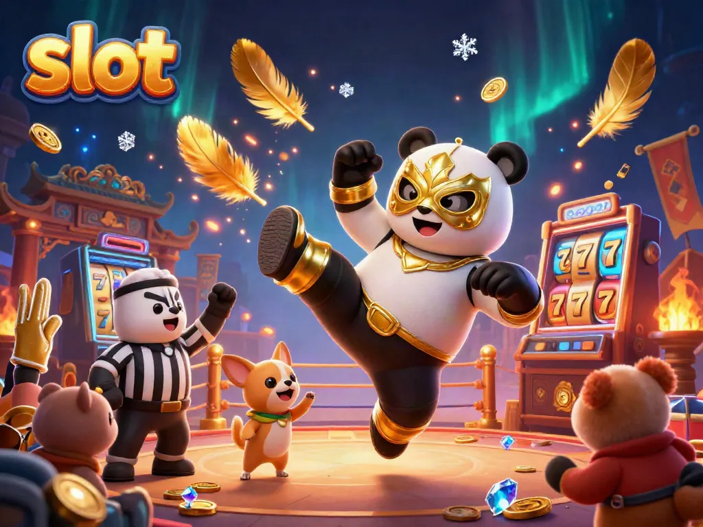 Engage with slot excitement from the animated wrestling panda and referee in a vibrant casino.