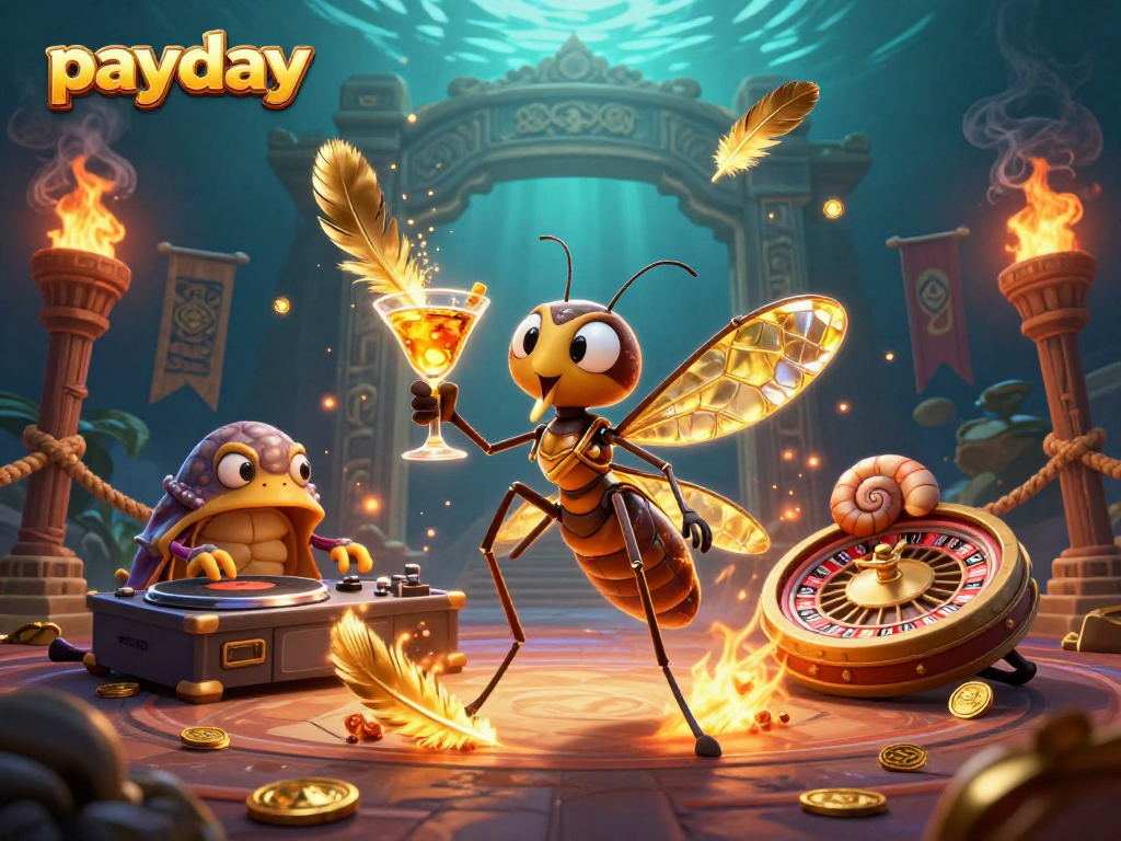 Spin on payday gaming excitement with a lively cash casino scene featuring unique characters.