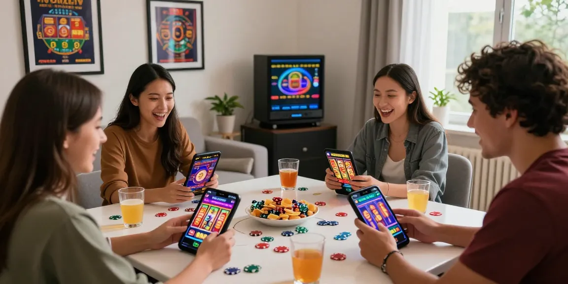 Friends playing bandar slot on mobile devices with excitement in a cozy living room.