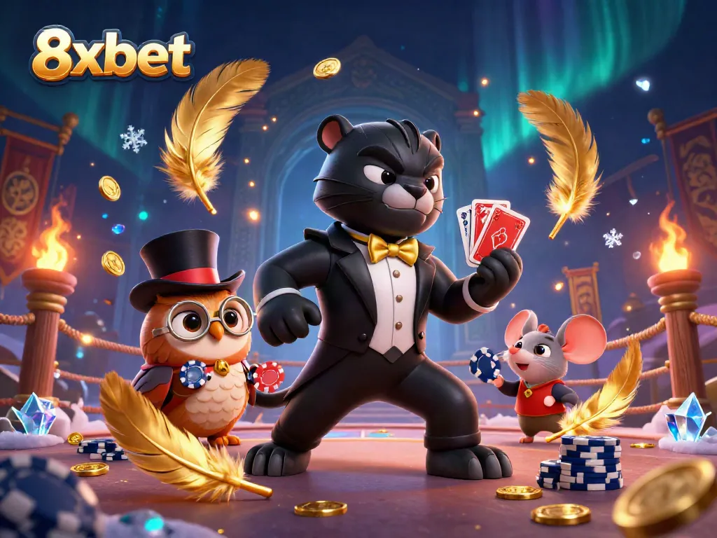 Experience exciting gaming action at 8xbet with a stylish panther dealer and lively characters.