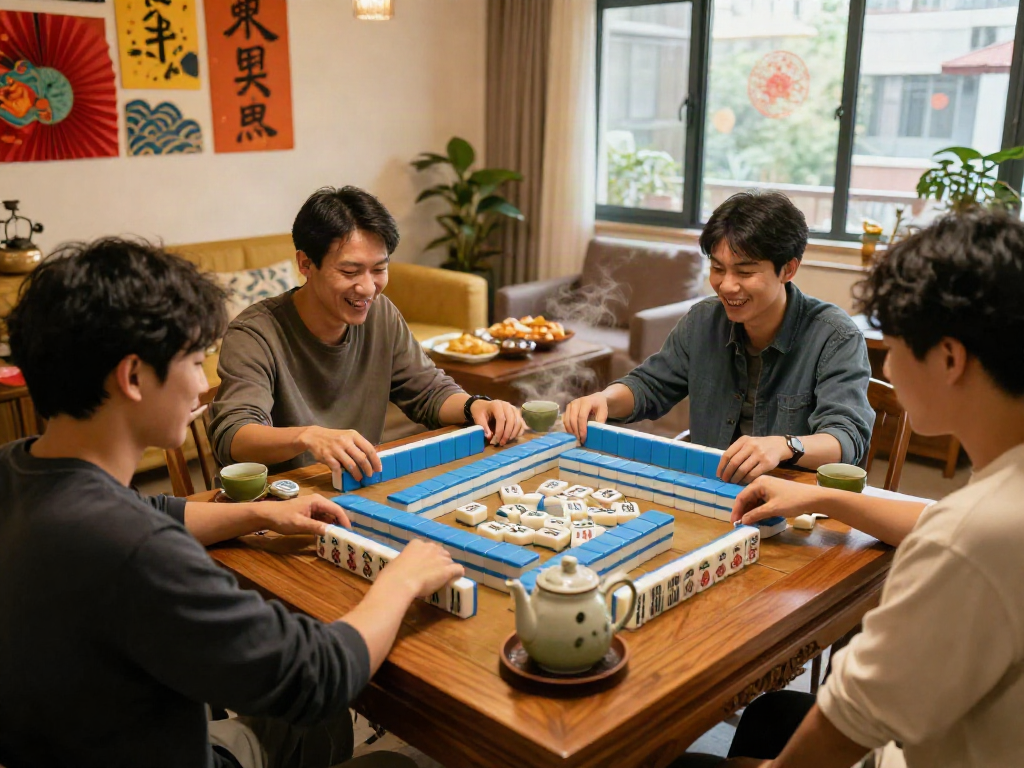 Engaging Mahjong game in a cozy living room, friends enjoying MAHJONGJP88 hari ini with vibrant culture and snacks.