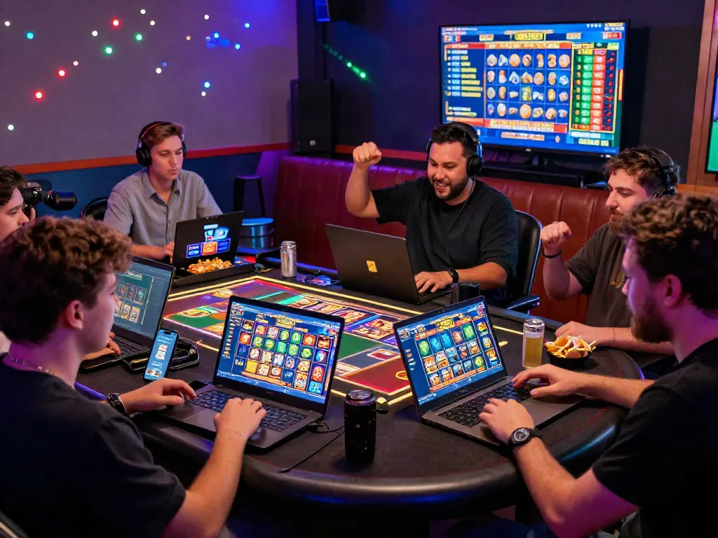 Penggemar king128 bermain slot online dengan semangat, layar penuh warna dan suasana ceria.