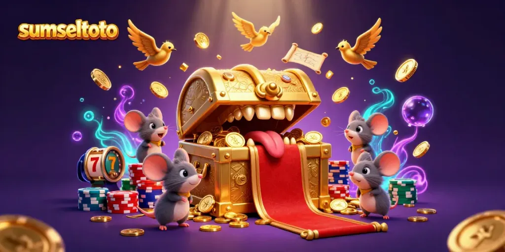 Engage with sumseltoto through a vibrant 3D casino scene filled with dazzling treasures.
