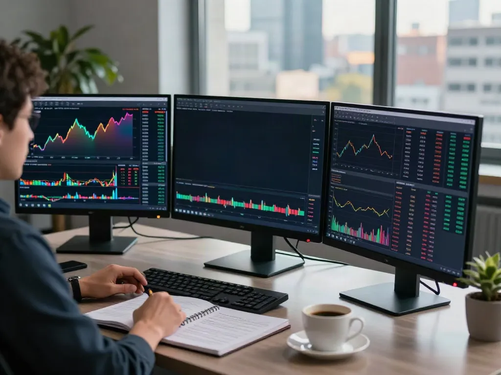 Trader analyzing market trends using TradingView on multiple screens in a modern workspace