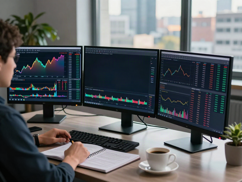 Trader analyzing market trends using TradingView on multiple screens in a modern workspace