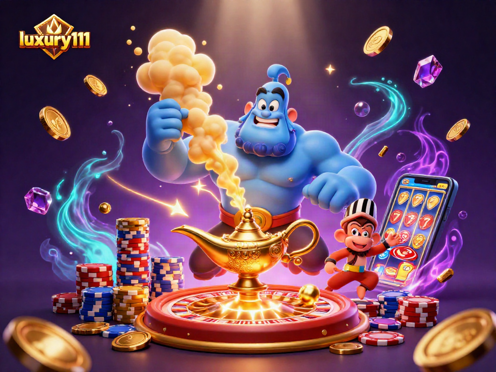 Experience luxury111 gaming with a captivating 3D genie scene featuring poker chips and golden coins