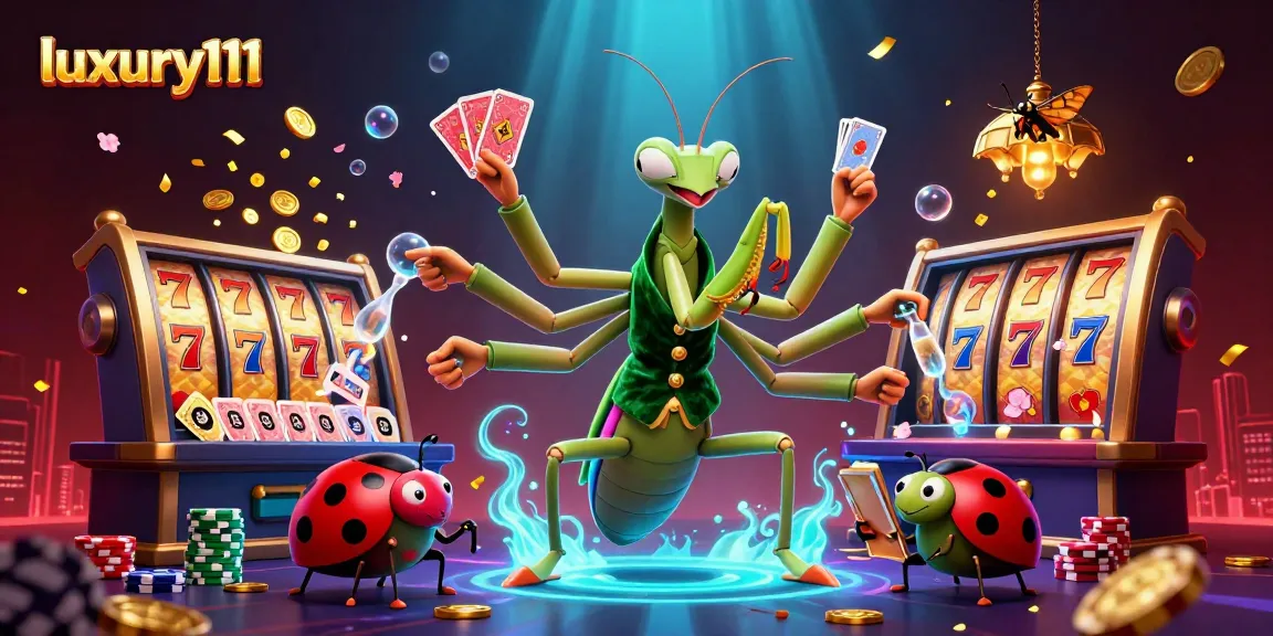 Engage with luxury111 at a vibrant casino scene featuring a giant praying mantis dealer and ladybug pit boss.