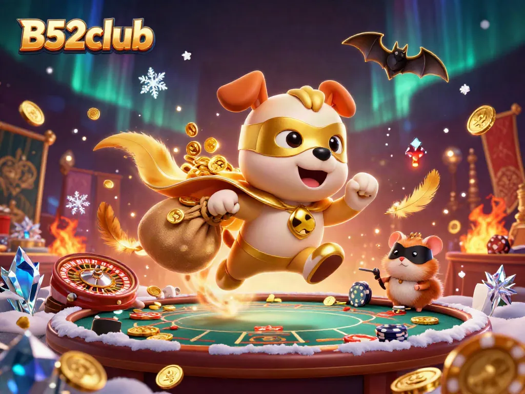 Engage with the exciting world of B52club as a superhero dog flies through a vibrant casino.