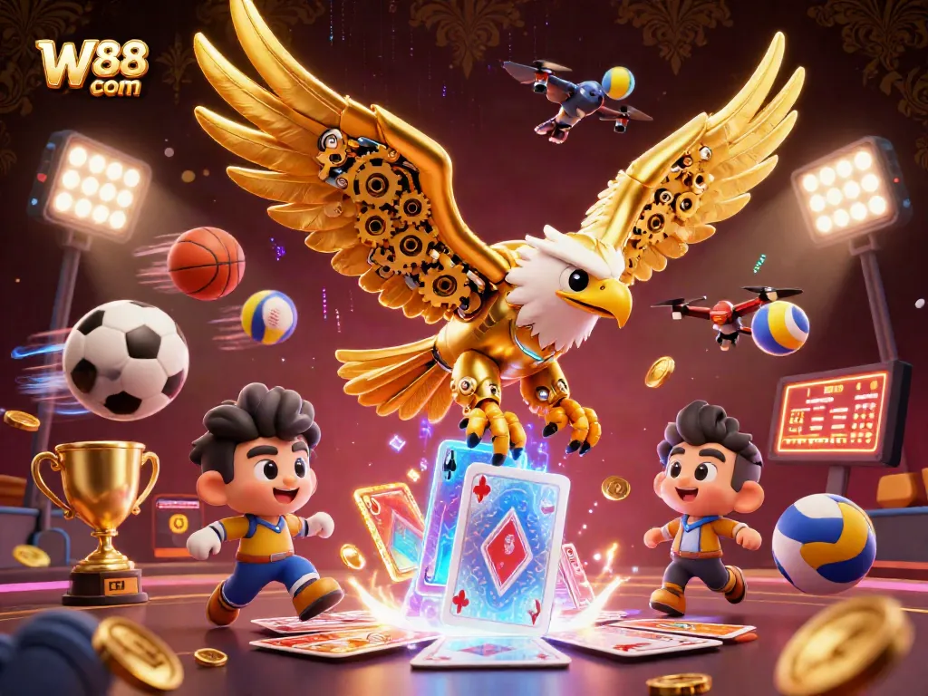 Experience the thrill of W88 com casino games with a dynamic illustration of a golden eagle soaring through holographic playing cards.