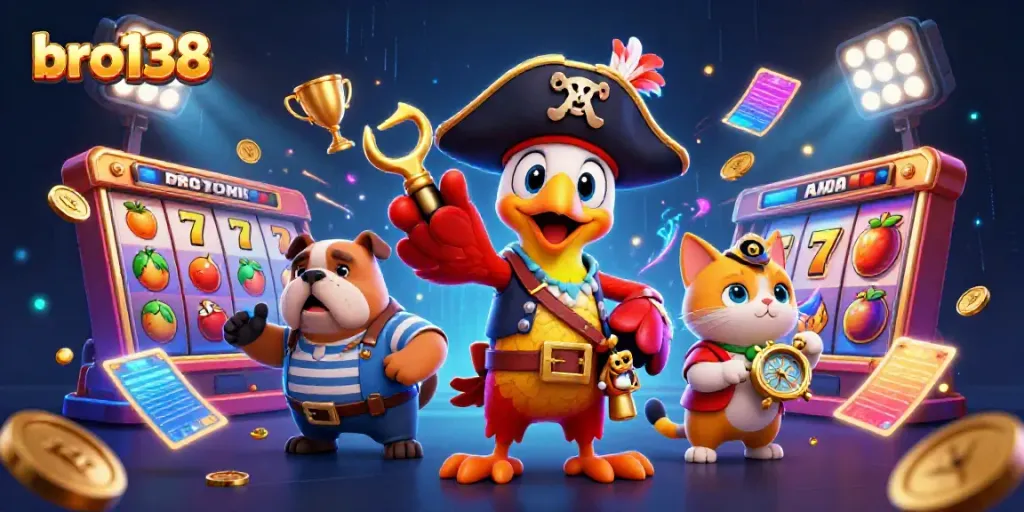 Spin to win at bro138 with vibrant cartoon characters and dynamic slot elements.