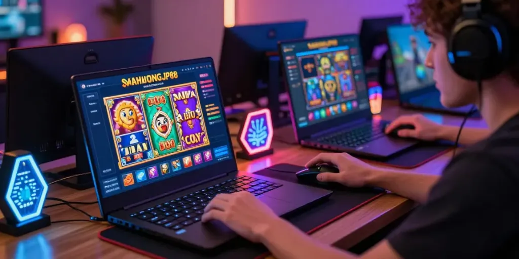 Engaged player at Slot MAHJONGJP88 enjoying an immersive gaming experience in a modern, vibrant environment.