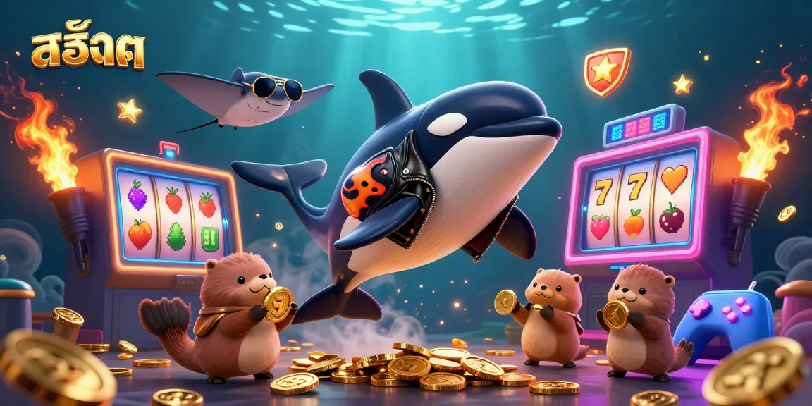 Engaging สล็อต illustration of an orca, stingray, and otters enjoying a jackpot dynamic scene.
