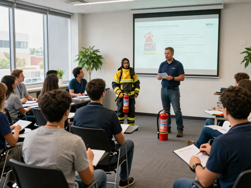 NFPA Certification Training session with engaged employees learning fire safety procedures in a corporate environment.