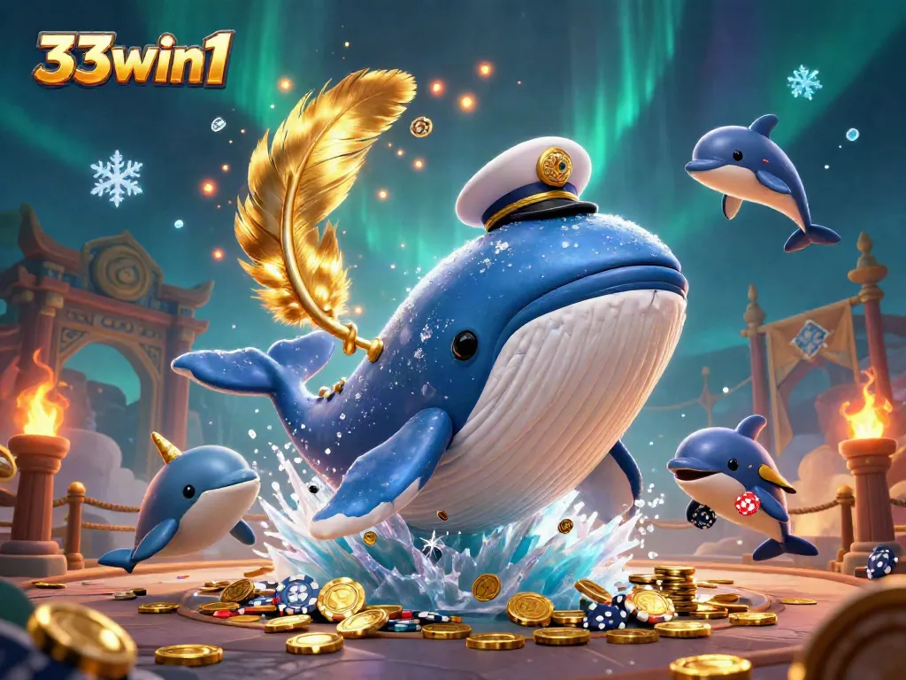 Engage with the thrilling world of 33win1 while a majestic whale breaches coins, embodying online casino excitement.