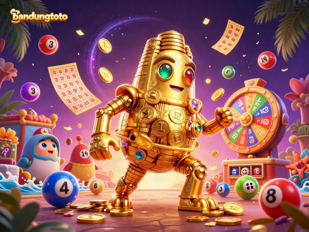 Engage with bandungtoto's thrilling gaming atmosphere featuring a golden golem, lottery balls, and casino elements.