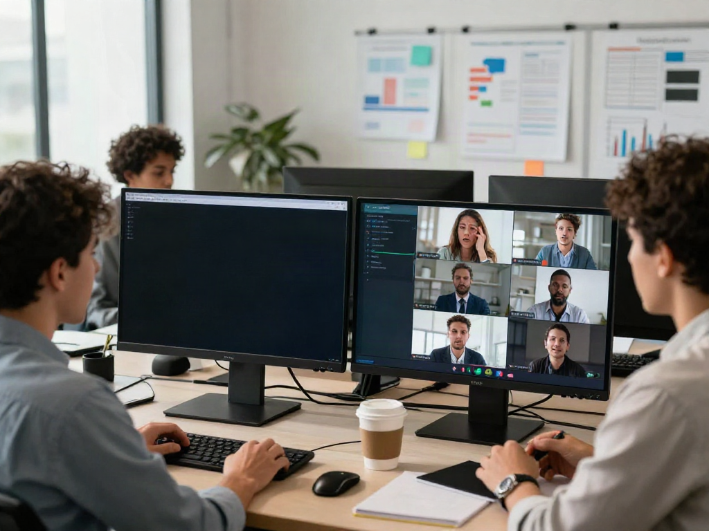 Deepfake-protected meetings in a collaborative virtual conference setting showcasing diverse professionals focused on security.
