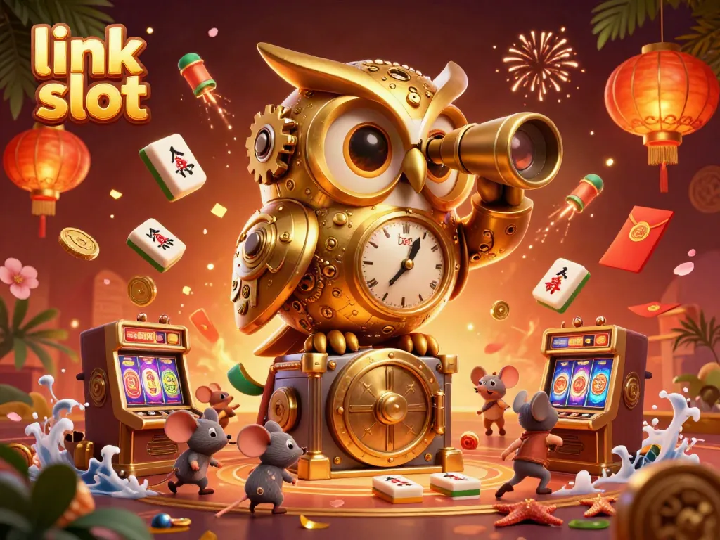 Experience thrilling gameplay with link slot featuring a gold owl and vibrant casino elements in this 3D illustration.