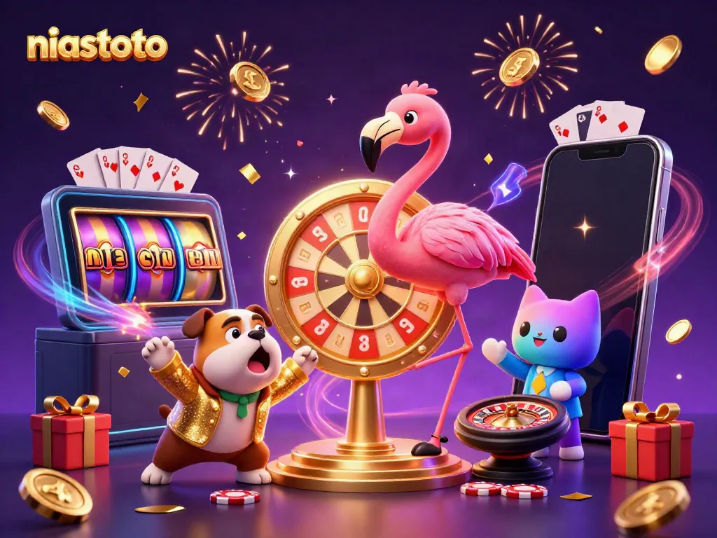 Spin to win in niastoto's thrilling game show atmosphere, featuring vibrant casino elements and fun characters.