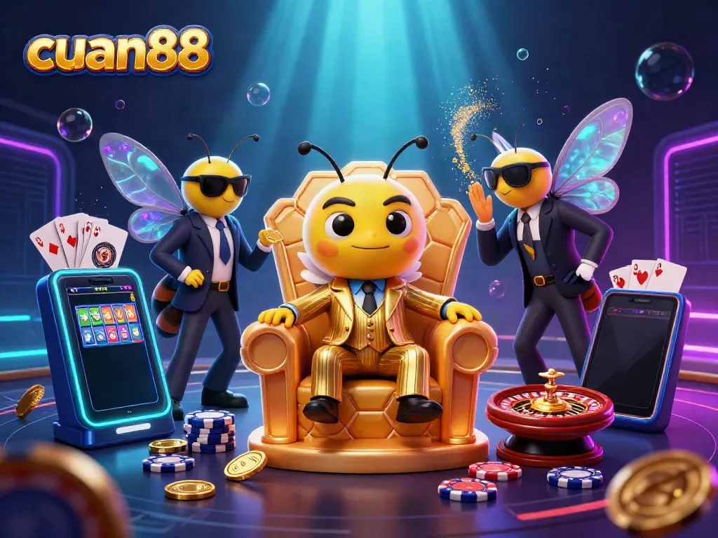 Engage with cuan88's vibrant casino scene featuring a cartoon bumblebee mob boss and exciting slot games.