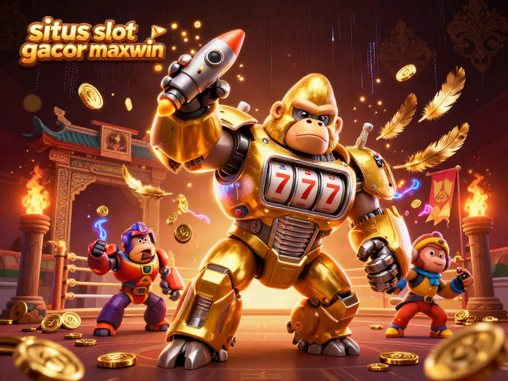 Situs slot gacor maxwin showcases an explosive scene with a gorilla mech made of slot machine parts in a vibrant casino setting.