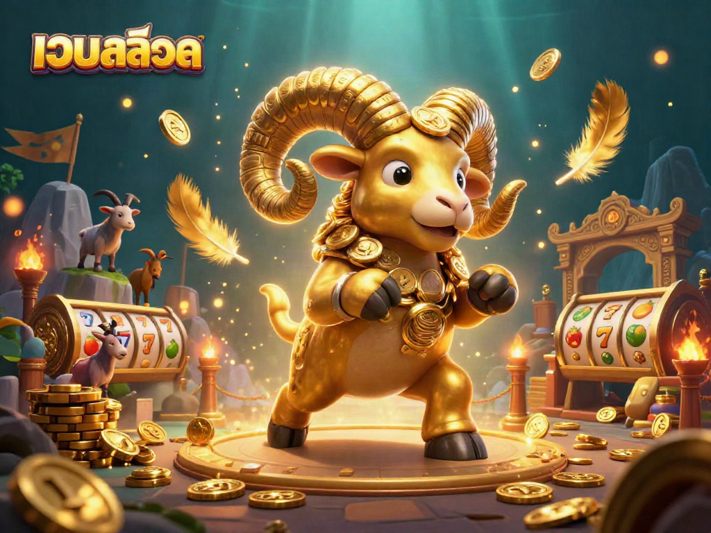 Experience the excitement of เว็บสล็อต with golden ram characters, dynamic slot reels, and a vibrant casino atmosphere.