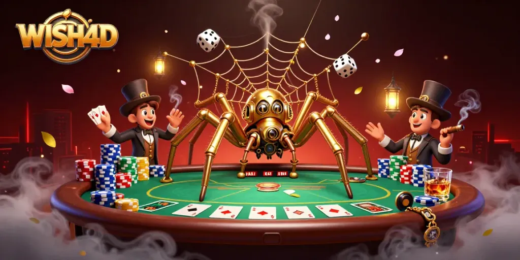 WISH4D spider weaving a golden web of poker chips and dice in a colorful casino scene.