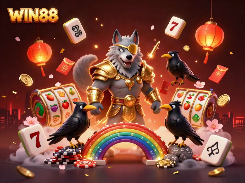 Witness exhilarating action with WIN88's Odin wolf character amidst vibrant casino-themed elements.