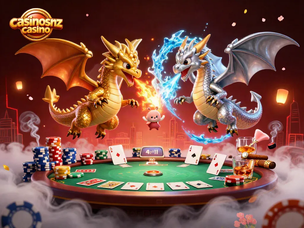 Engage in the thrilling games at casinosnz casino with dragons and poker elements in a vibrant scene.