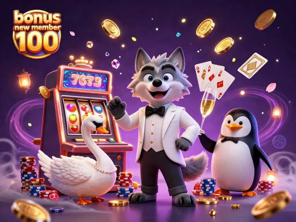 Spin the reels with bonus new member 100 at a lively casino scene featuring engaging characters.