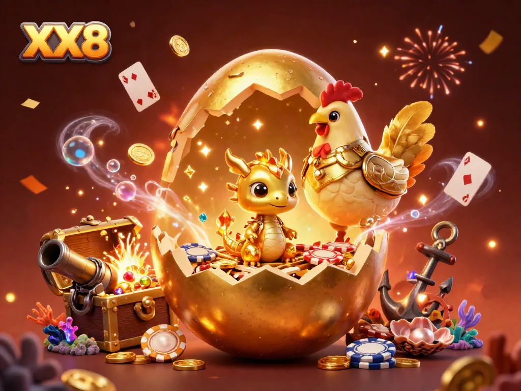 Engage with exciting XX8 gaming experiences featuring a golden dragon and poker chips.