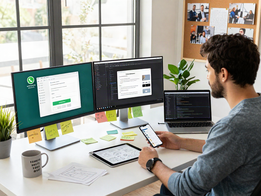 Developer analyzing gbwhatsapp interface in a vibrant workspace