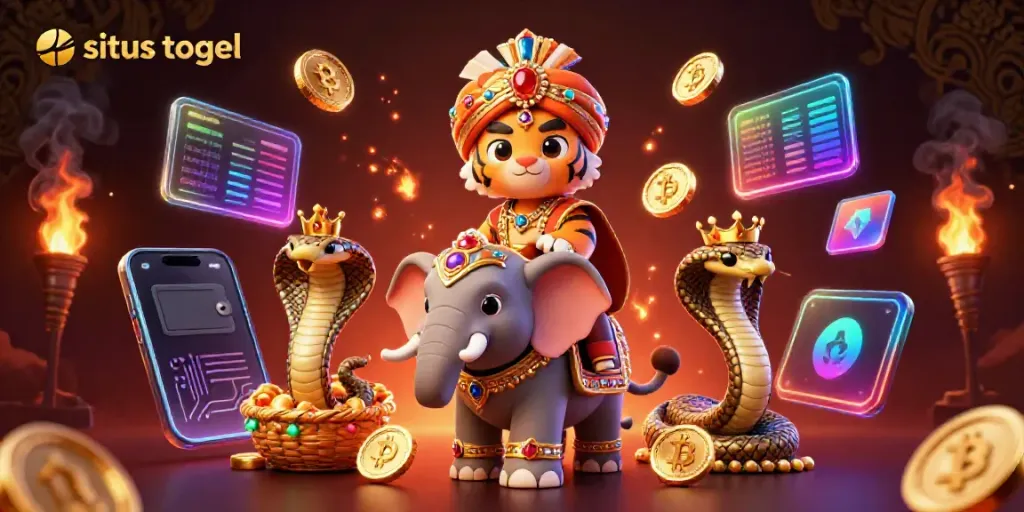 Situs togel illustration with a maharaja tiger, jewel elephant, and crypto elements in a vibrant casino setting.