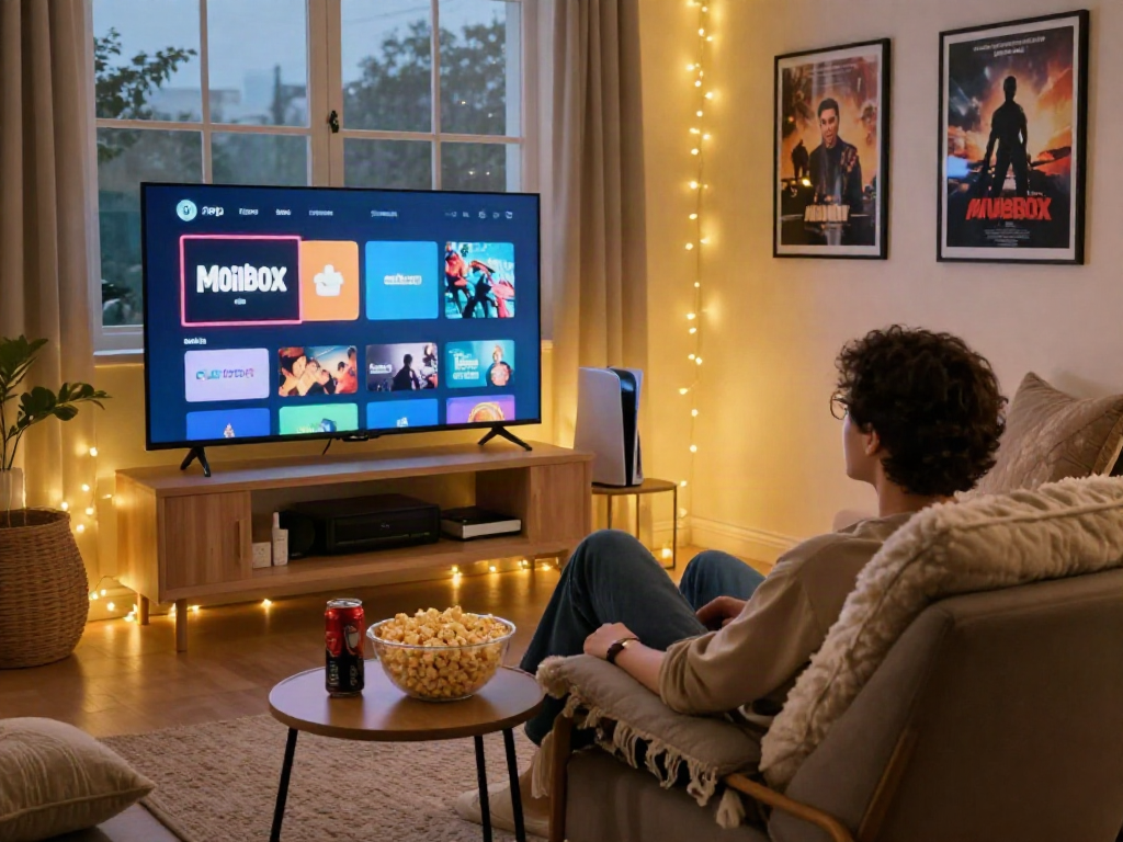 Home media room showcasing Moviebox apk on smart TV, cozy atmosphere with popcorn and ambient lighting.