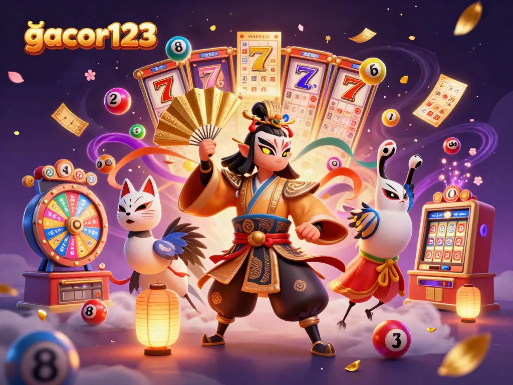 Experience thrilling wins at gacor123 with an action-packed 3D casino illustration highlighting vibrant game elements and characters.