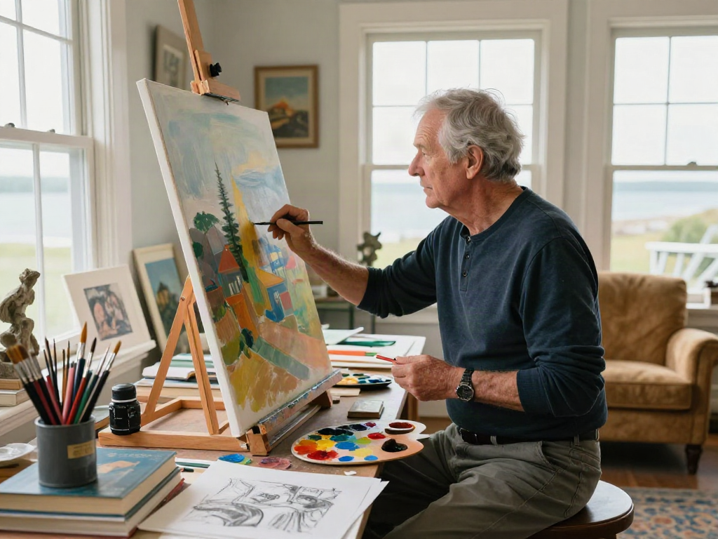 Bruce Bailey painting in his studio, showcasing artistic rebirth and creativity, influenced by his New England surroundings.