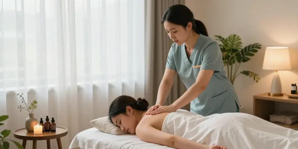 수원토닥이에서 편안한 마사지를 받는 모습으로, 전문 치료사가 아늑한 치료실에서 고객을 케어하는 장면.
