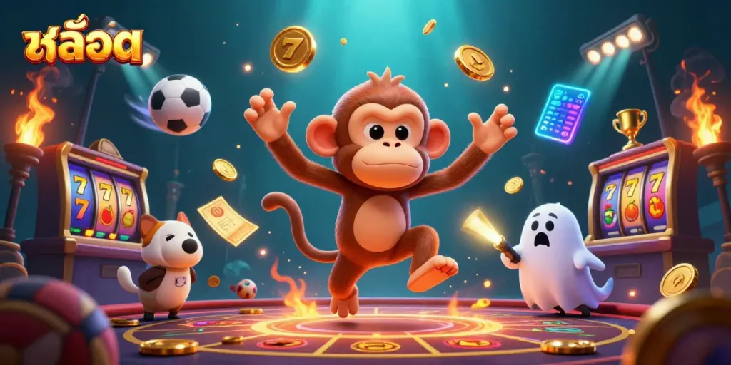 Experience thrilling สล็อต action in a haunted casino with vibrant, golden elements and dynamic characters.