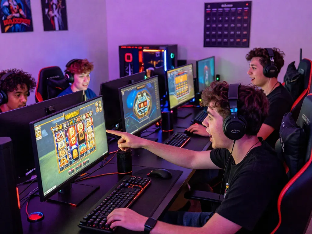Exciting group of players exploring slot maxwin games in a vibrant online gaming setup.