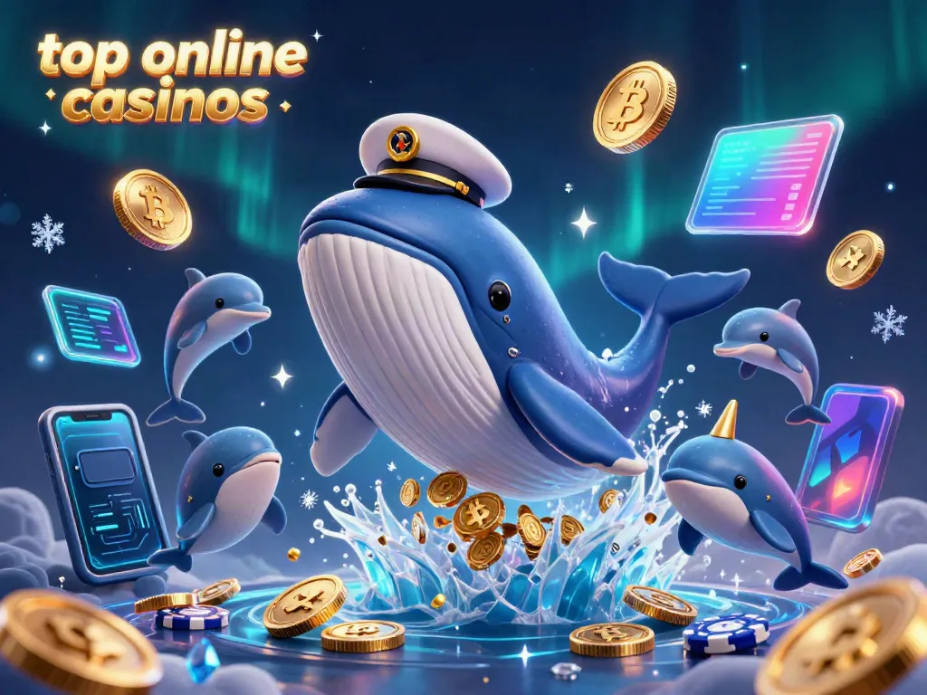 Explore top online casinos in a vibrant scene with a whale, narwhal, and dolphins.