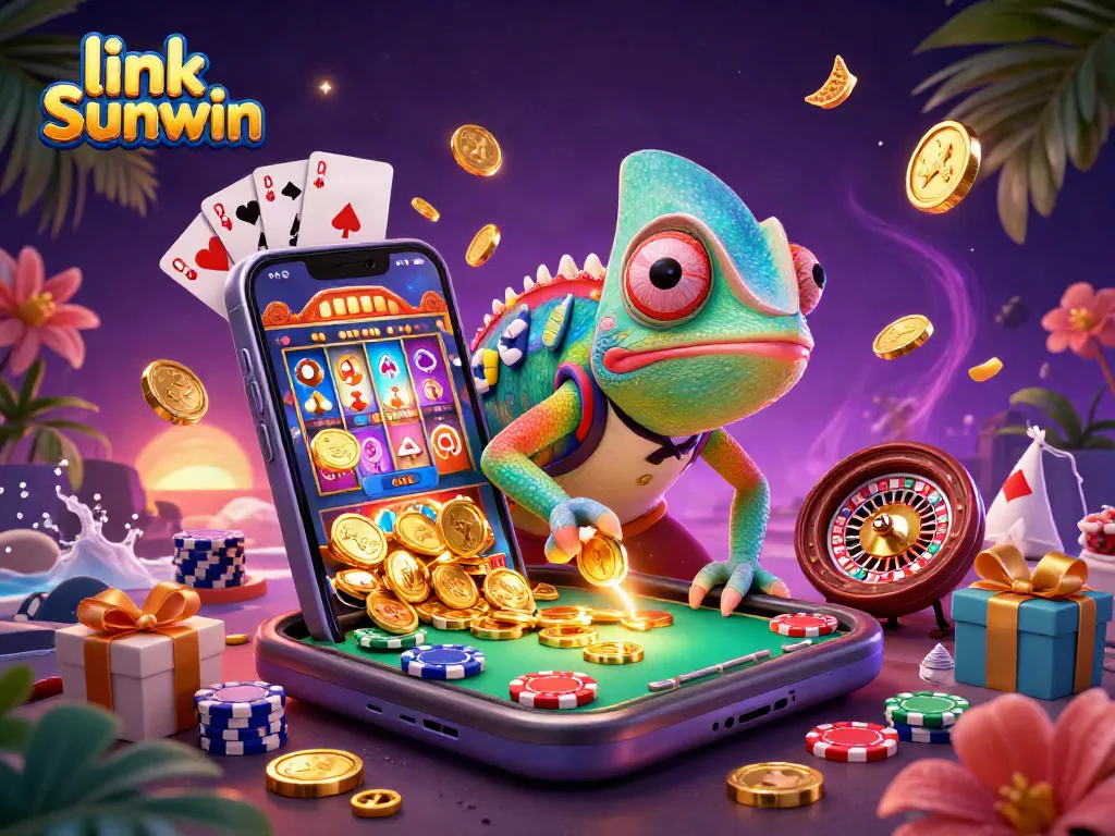 Engage with the fun and excitement of link Sunwin, featuring vibrant casino elements and dynamic golden coins.
