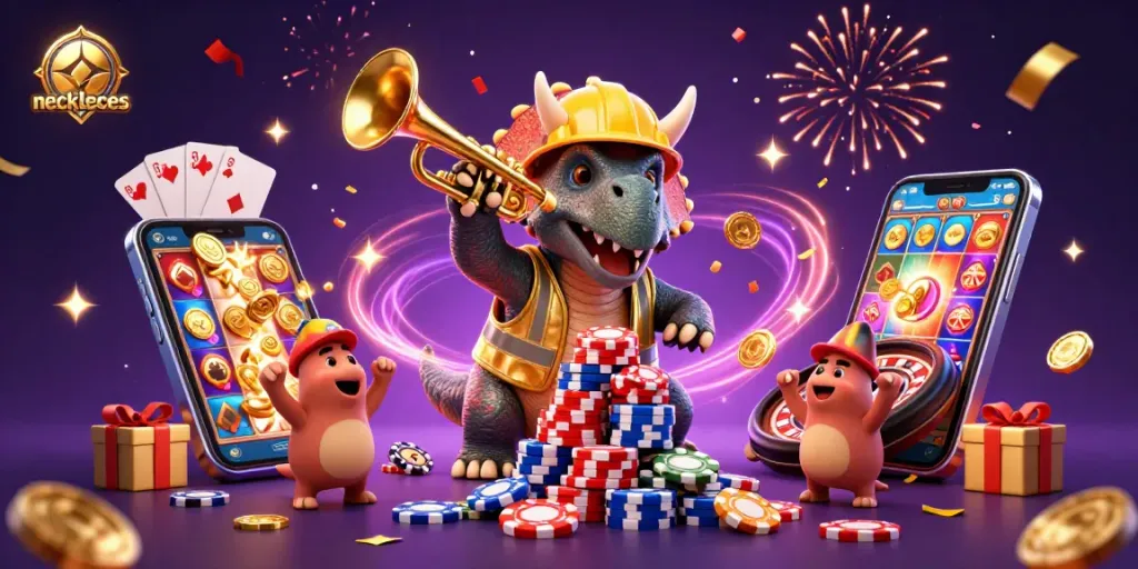 Experience dazzling necklaces as playful dinosaurs celebrate with colorful casino elements in this lively illustration.