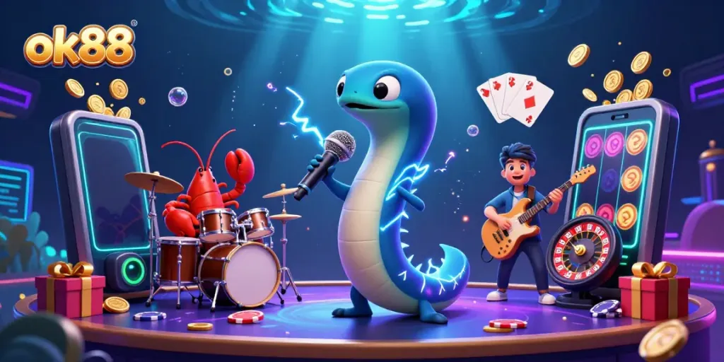 Experience thrilling gameplay with ok88, featuring lively underwater casino characters and vibrant slot action.