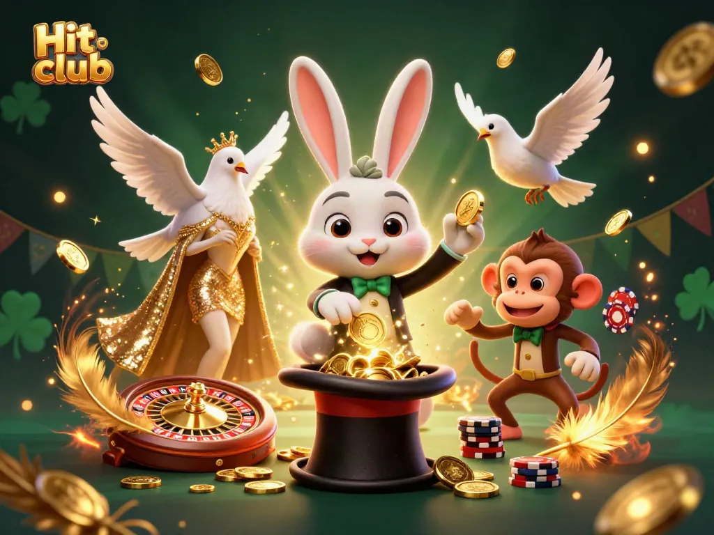 Hit club illustration featuring a magician rabbit, dove, and monkey in a lively casino scene, surrounded by chips and gold.