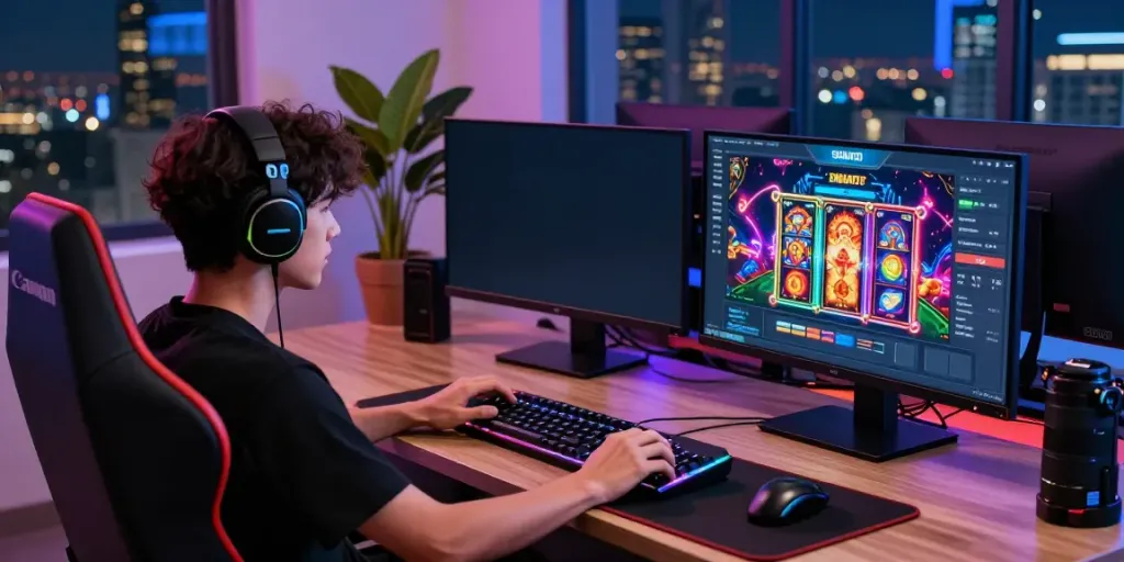 Immersive Singatoto gaming setup with colorful slot graphics and RGB lights.