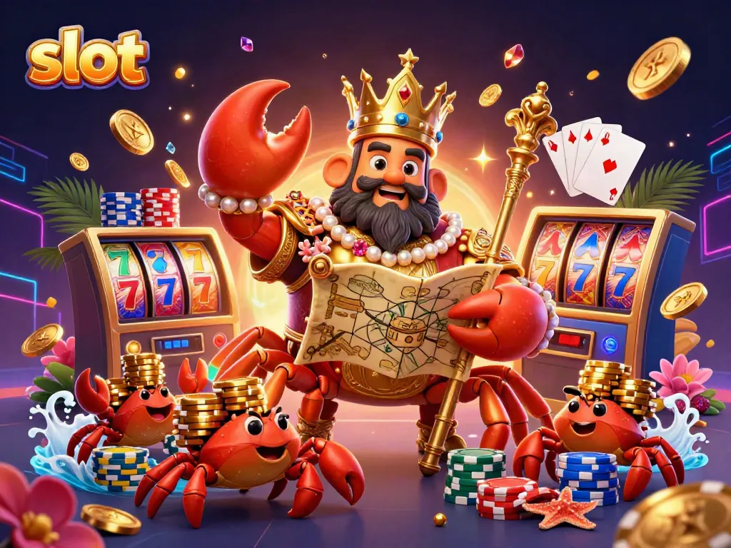 Engaging slot scene with a gold crab emperor amidst coins and chips, showcasing the thrill of casino gaming.