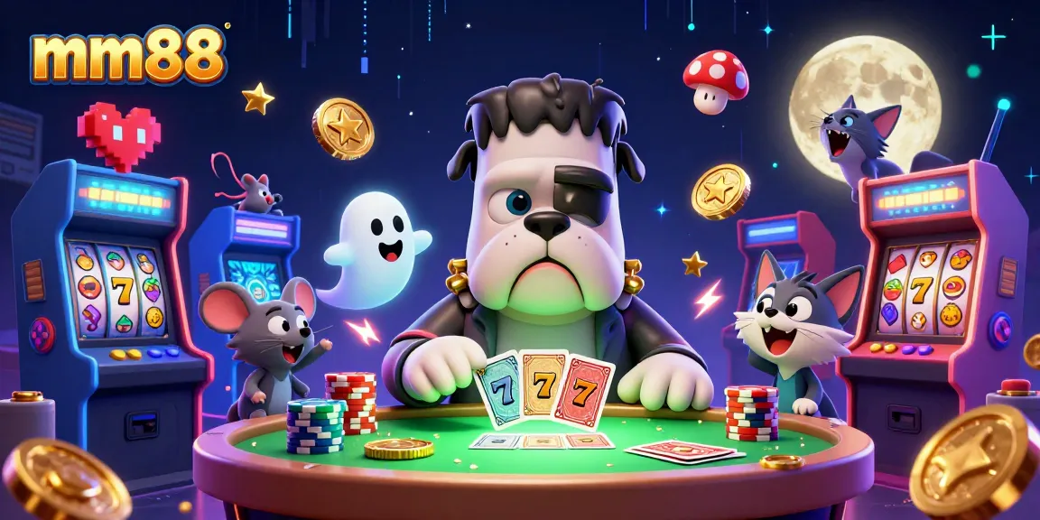 mm88's lively casino scene featuring a bulldog monster dealing cards at a ghostly table